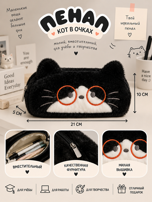 Пенал Мягкие коты (Пенал Кот в очках)